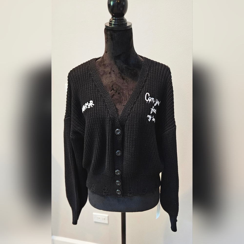 NWT Cardigan Sweater  Embroidered Statememt Letter Logo Distressed Medium BLACK